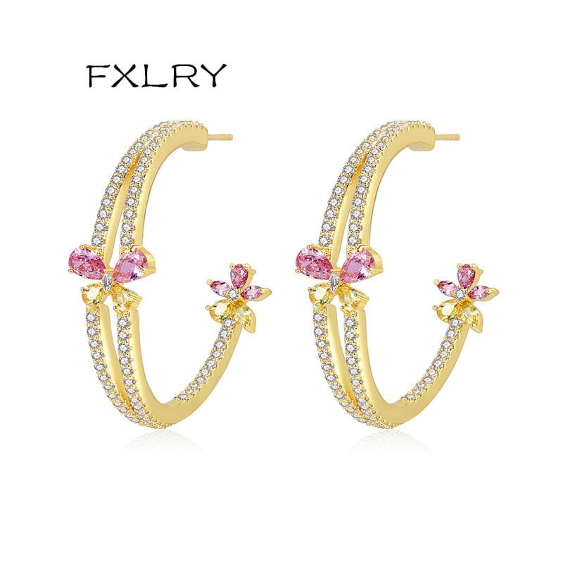 abbeville to switch FXLRY Fashion Big Flower Stud Earrings Pink and Yellow Cubic Zirconia Earrings for Women Party Jewelry - ANN VOYAGE