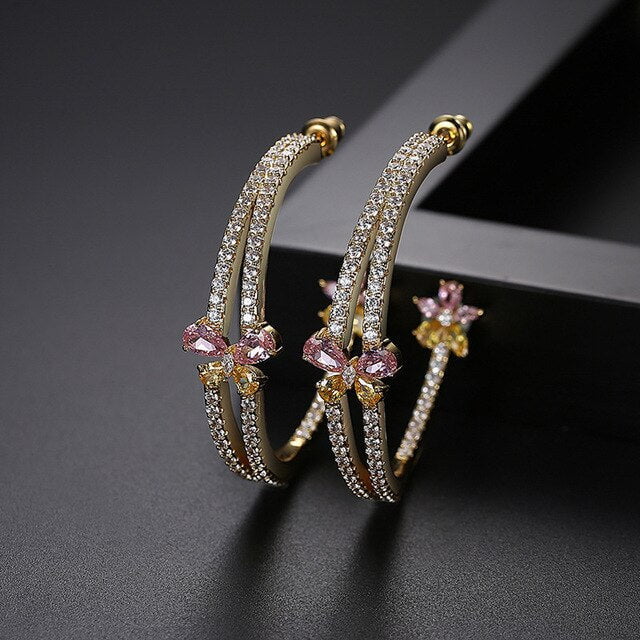 abbeville to switch FXLRY Fashion Big Flower Stud Earrings Pink and Yellow Cubic Zirconia Earrings for Women Party Jewelry - ANN VOYAGE