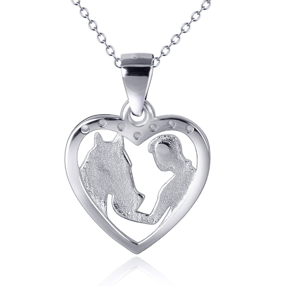Treviso Silver Heart Girl Feeding Horse Pendant Chain Necklace