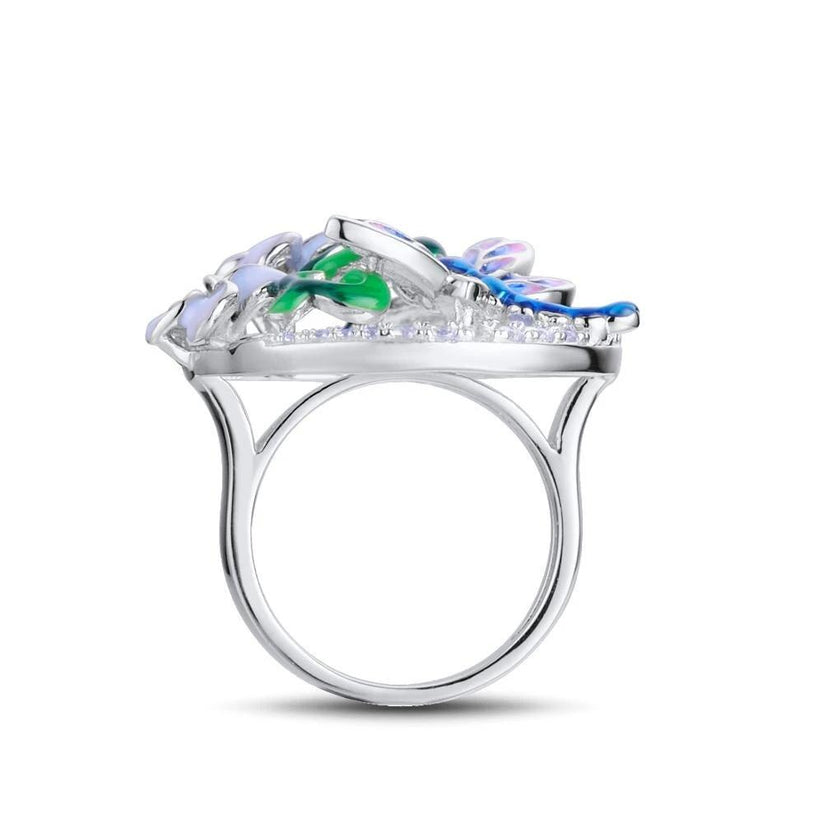 Laredo Handmade Silver, Crystal Enamel Dragonfly Flower Leaves Ring ANN VOYAGE